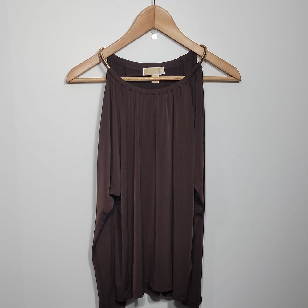 MICHAEL Michael Kors Dark Brown Gold Chain Batwing Cold Shoulder Top